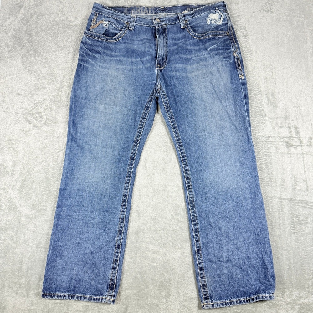 Ariat Mens 38x30 Low Rise Boot Cut Blue Denim Distressed Jeans